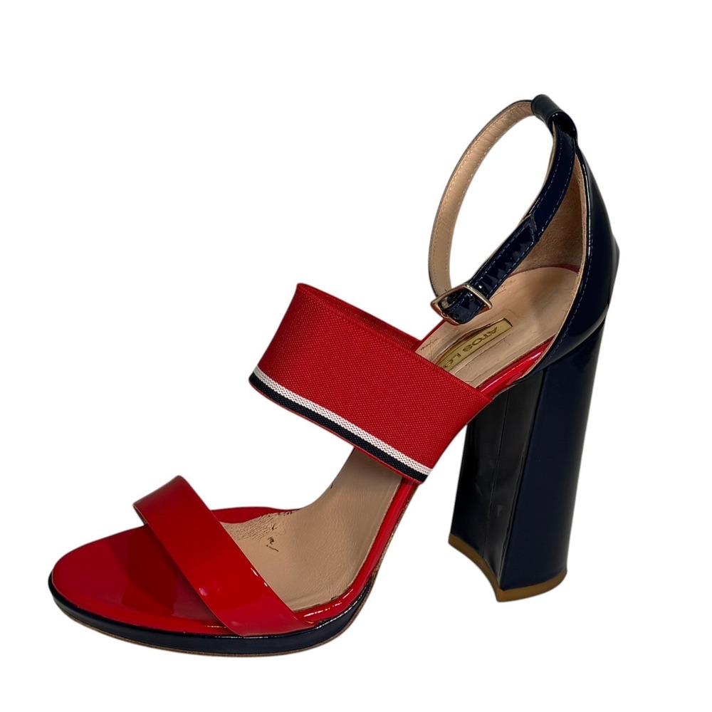 Atos Lombardini Red,Navy Patent Sandals 39 Colorblock Block Heel Ankle Strap